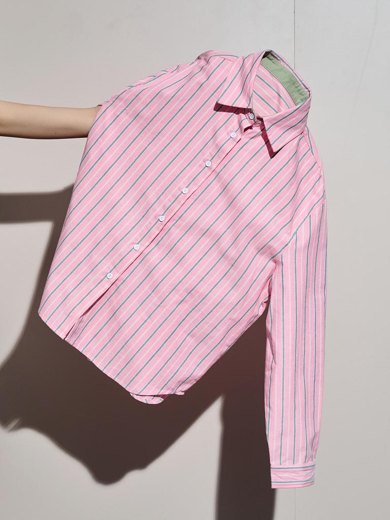 Women's Korean-Style Pink Striped Polo Long-Sleeve Shirt, Loose Fit, Versatile for Early Autumn