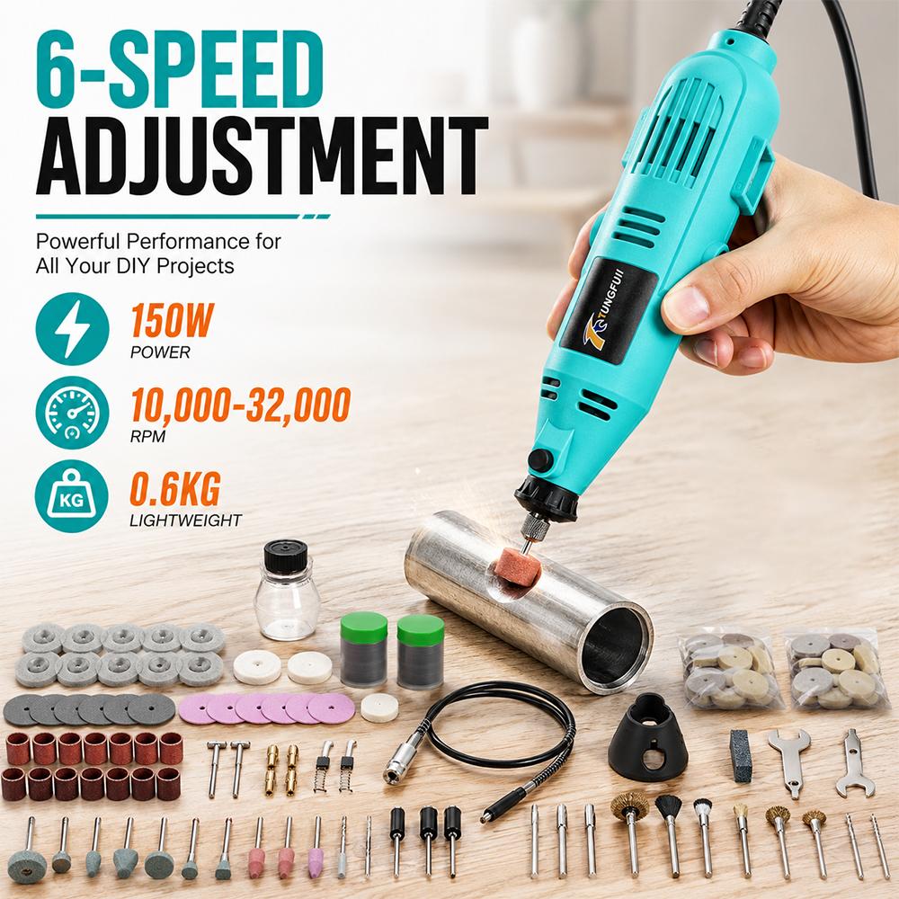 TUNGFULL 150W Electric Grinder Multi-Function Rotary Tool Kit 6 Speed 10000-32000RPM with Complete Accessories for DIY Projects