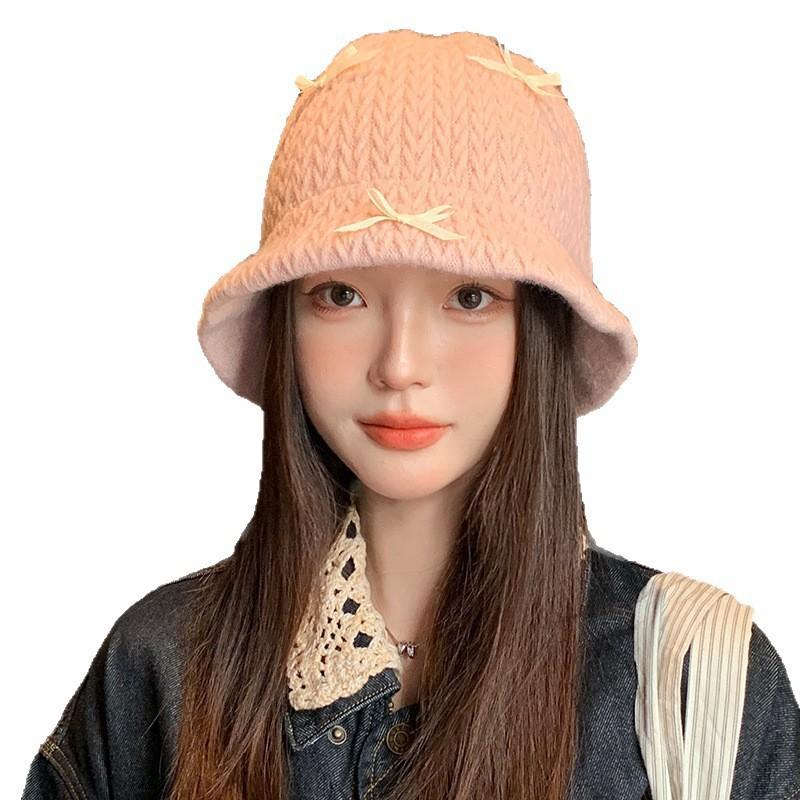 Sweet Bow Knitted Fisherman Hat Autumn and Winter Casual Versatile Woolen Hat Warm Hat Windproof Small Basin Hat Showing Face
