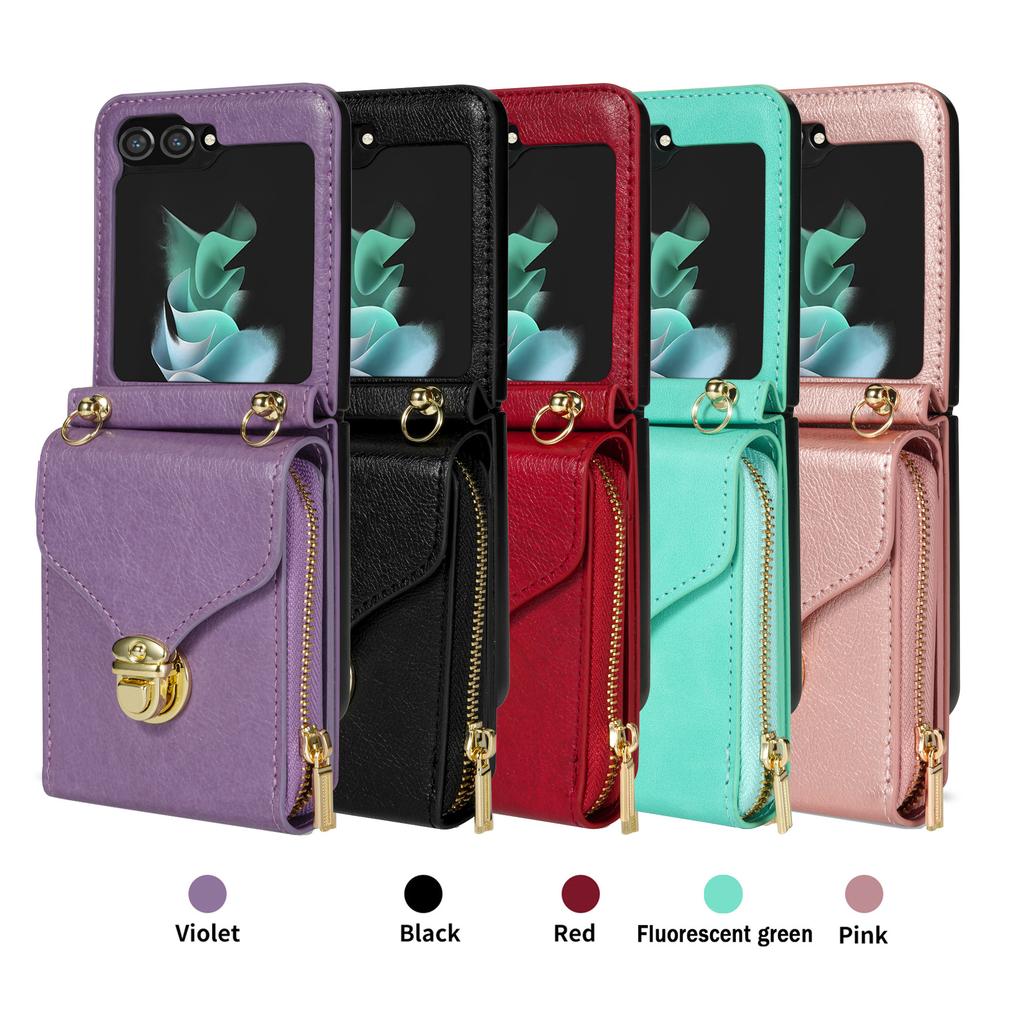 Crossbody Leather Wallet Case For Samsung Galaxy Z Flip 7 FE 6 5 4 3 5G Flip6 Flip7 Long Lanyard Zipper Card Holder Purse Cover