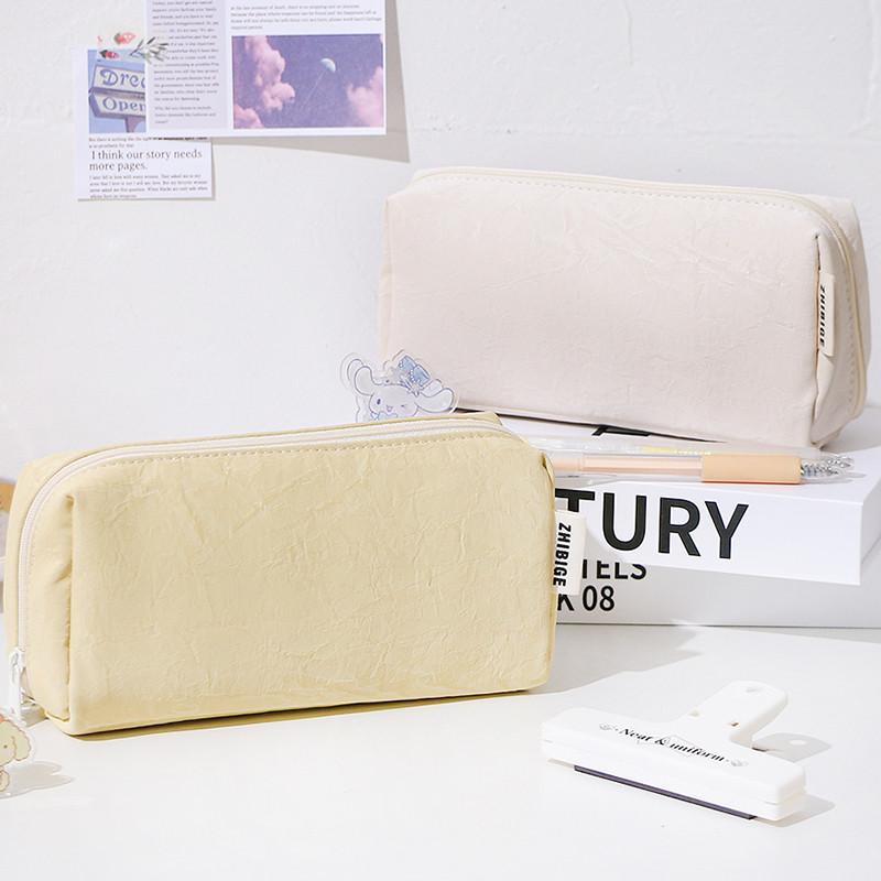 Simple Solid Color Leather Pencil Case Large Capacity Multi-layer Storage Pencil Bags Multi-functional Stationery Storage Box