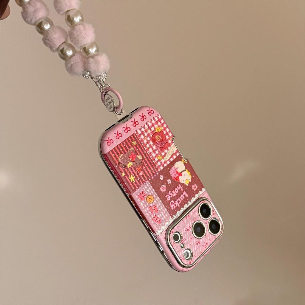 Gold-Plated Pink Leather Lanyard Case for iPhone 13/14/15/16 Pro Max/17 with Little Horse Design
