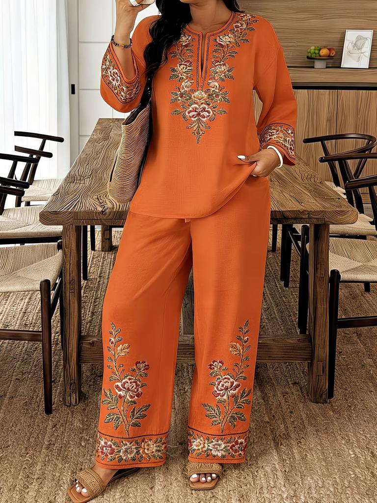 Damen Frühling Sommer Neues 2-teiliges Outfit, V-Ausschnitt 3/4-Ärmel Knopfleiste Hemd & Bedruckte Elastische Taille Lange Hose Set, Digitaldruck Maschine Lässiger Anzug