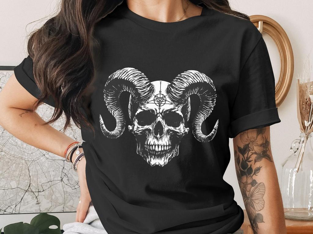 Horned Skull T-Shirt, Gothic Occult Ram Skull Graphic Tee, Witchy Alternative Clothing, Dark Academia Macabre Art Shirt, Metalhead Gift