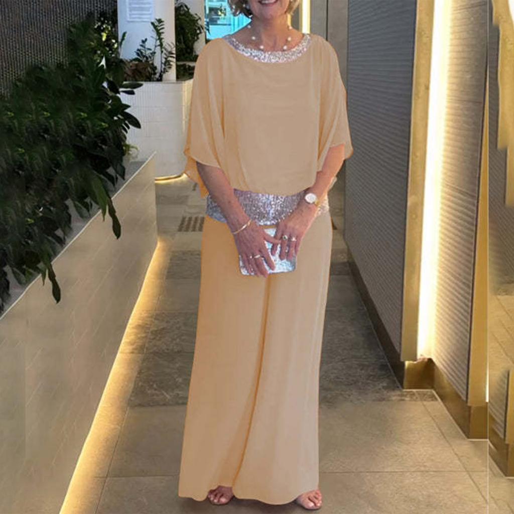 Women’s Two Piece Chiffon Pant Suit with Sequin Trim for Special Occasions Evening Formal Outfits Mother of the Bride
