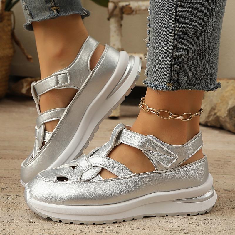 2025 Women's Sandals Leather Shoes Closed Toe Breathable Clogs with Heel Suit Female Beige Large Size Summer Low-heeled Sports