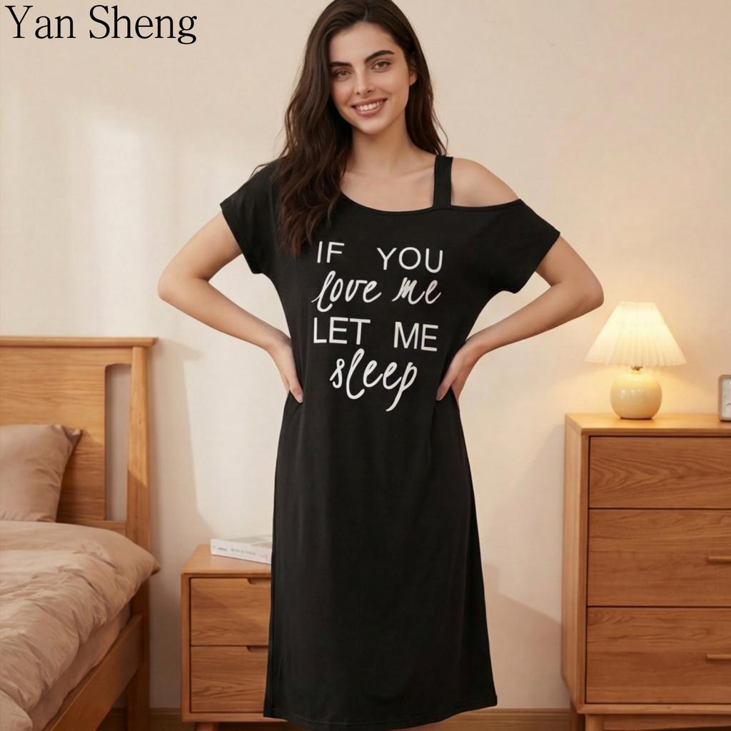 Women Nightgown Off‑Shoulder Letter Print Short Sleeve Nightdress Thin Sexy Loose Home Wear for Summer Sleepwear