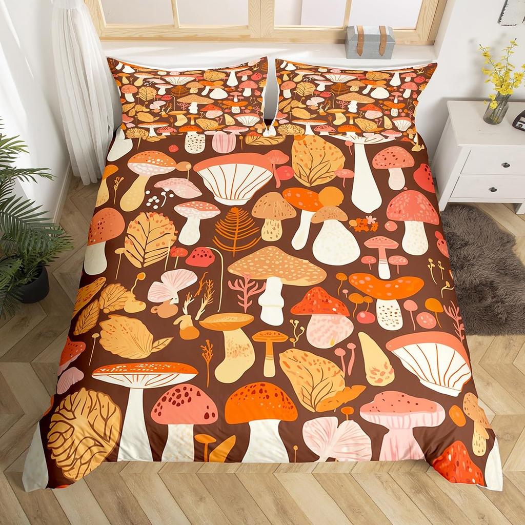 Comforter Wild Mushroom Bedding Set King Queen Cute Mushrooms Comforter Kawaii Fungus Cartoon Plant Leaves