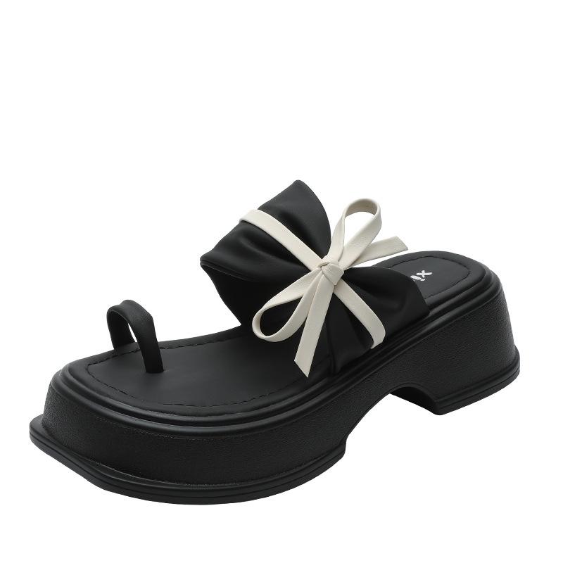 Retro thick-bottomed cool slippers wear summer new fashion bow one-word drag fairy wind cover toe Roman slippers girl