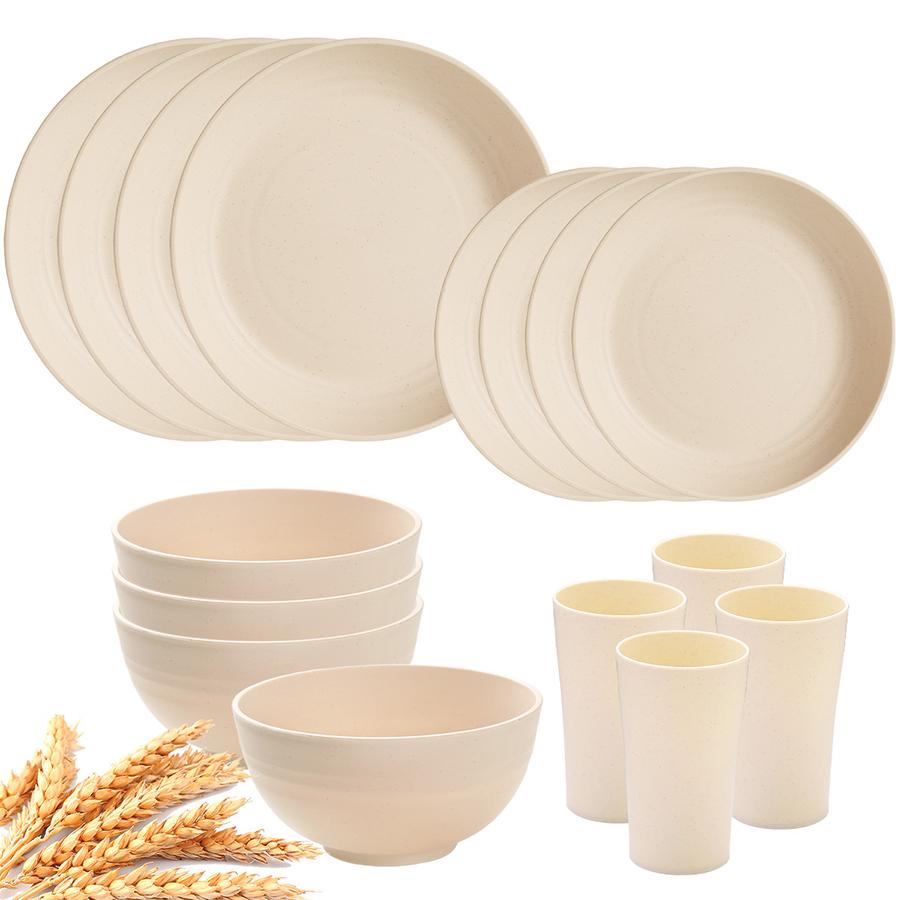 16 Pieces Dinnerware Set Unbreakable Plates Cups and Bowls Sets Dish Set for 4, Reusable Plastic Dish Set for Camping Travel