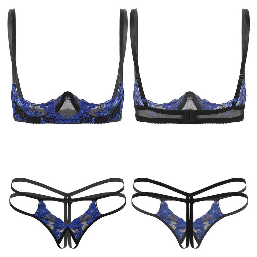 Women's Embroidery Lace Lingerie Set 1/4 Cup Unlined Shelf Bra with Panties G-String Underwear
