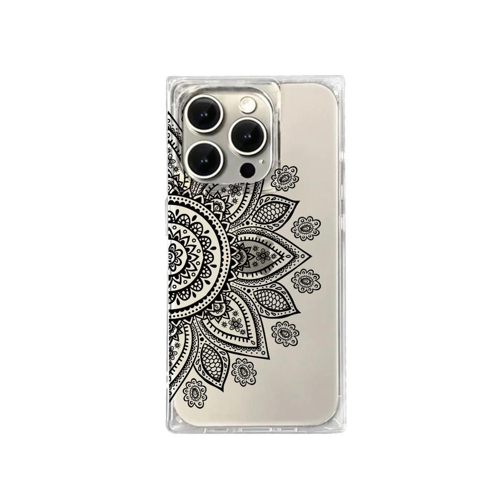 Transparente Quadratische Rückseite Röhrenhülle Schutz Für iPhone 13 12 15 Plus 14 Pro Max 16 ProMax 11 Anti-Sauerstoff, Schwarzes Halber Blumenkranz Muster Gehäuse