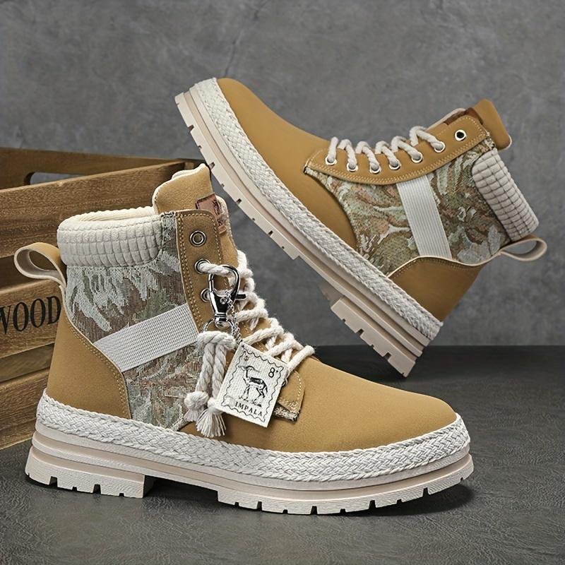 [Trendy High-Top Sneakers] Trendy High-Top Casual Sneakers - Men's Lace-Up Boots with Furry Collar & Side Zipper, Durable for Outdoor & Casual Attire