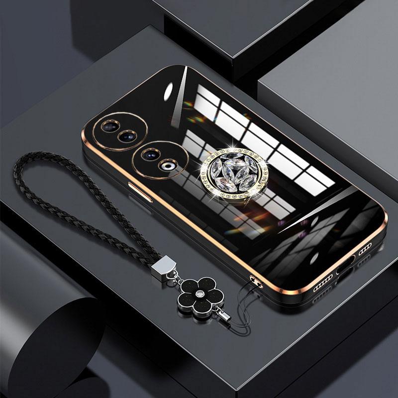 Honor 90 Case Luxury Diamond Ring Cover For Honor 90 Pro 50 70 Lite X9a Phone Case With Flower Lanyard Plating Cases Honor90 5G