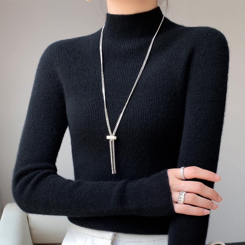 Korean Style Slim Fit Ribbed Knit Sweater - Women's Long Sleeve Half High Collar