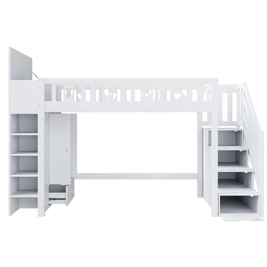 Hochbett 90x200, Kinderbett Ablageleiter, Herz-Geländer, Stauraum, klappbarer Stauschrank/Regale, Weiß (ohne Matratze)