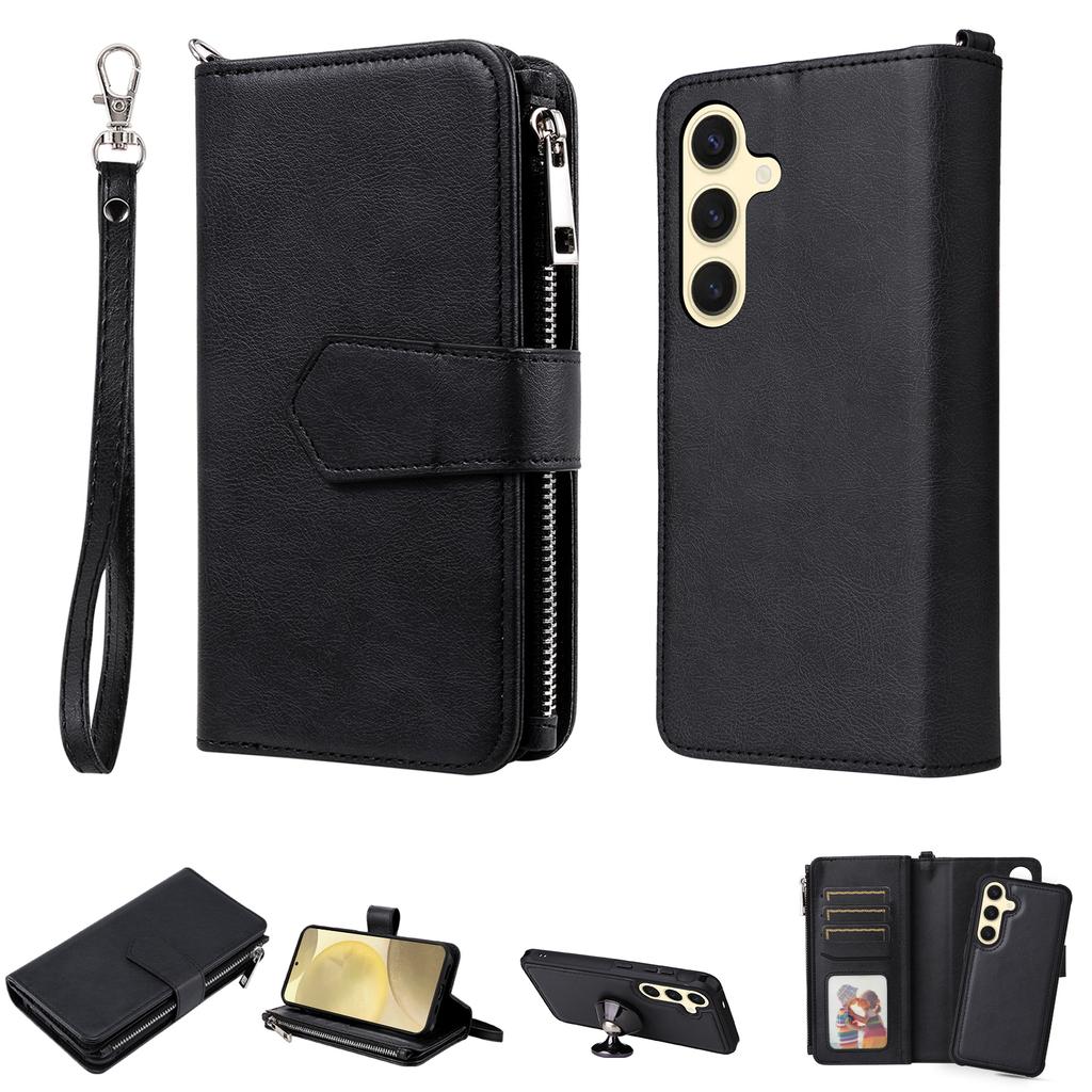 For Samsung Galaxy S25 Magnetic Leather Case Mobile Cover with Detachable Zipper Wallet Strap