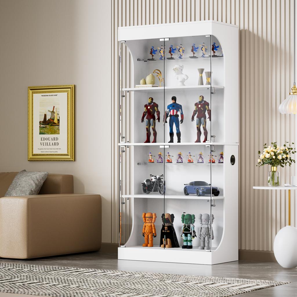 Four-tier glass display cabinet, storage, LED lighting, glass doors, smart sensors, dustproof, for living room, bedroom, offices. White. 80*35*165cm