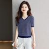 Women's Knitted T-shirt Short Sleeved V-neck Ice Silk T-shirt Color Blocked Loose Top