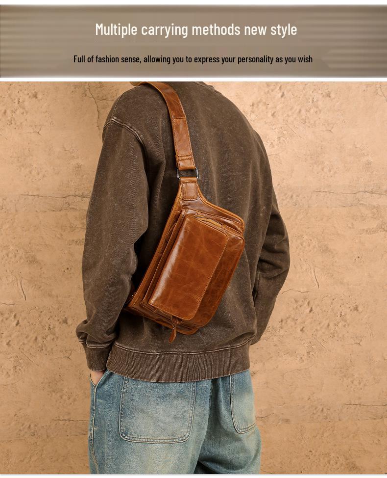 Men's Vintage Leather Crossbody Chest Bag - Casual Commuter Waist Bag