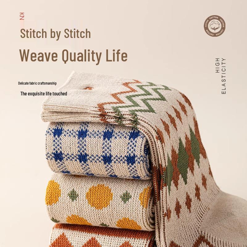 Γυναικείες Ρετρό Εθνοτικές Κάλτσες Μέσου Μήκους από Καθαρό Βαμβάκι για Φθινόπωρο/Χειμώνα, Ιδανικές με Μποτάκια Martin