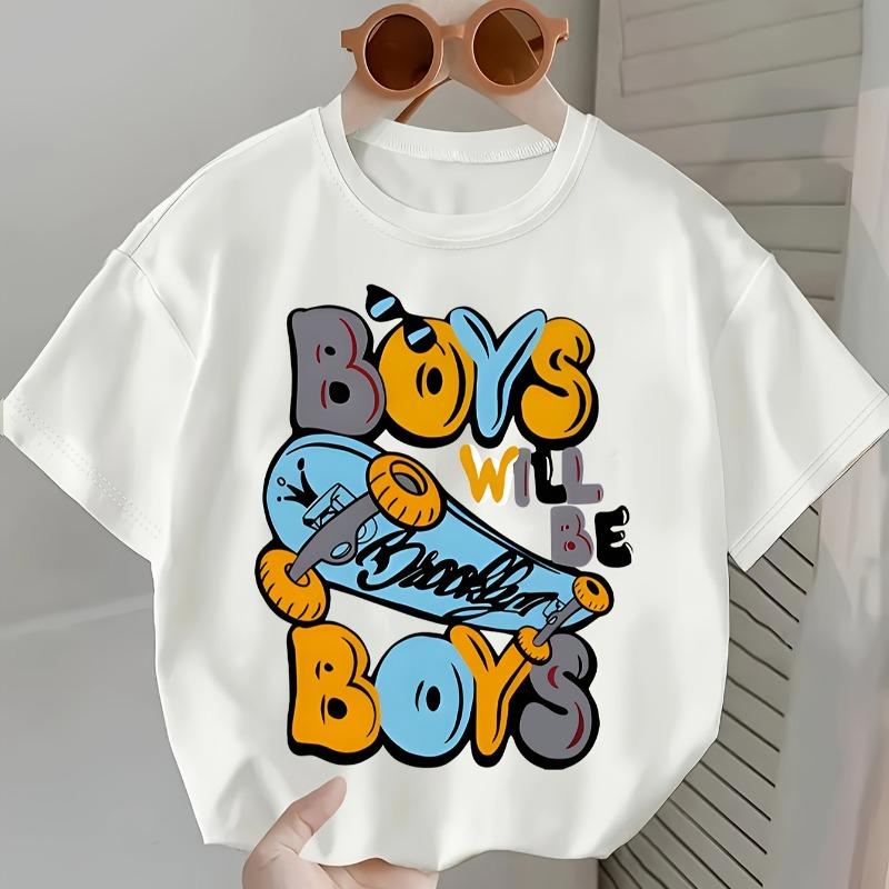 Kids Summer Crew Neck Short Sleeve T-Shirt with Skateboard & BOYS Letter Print