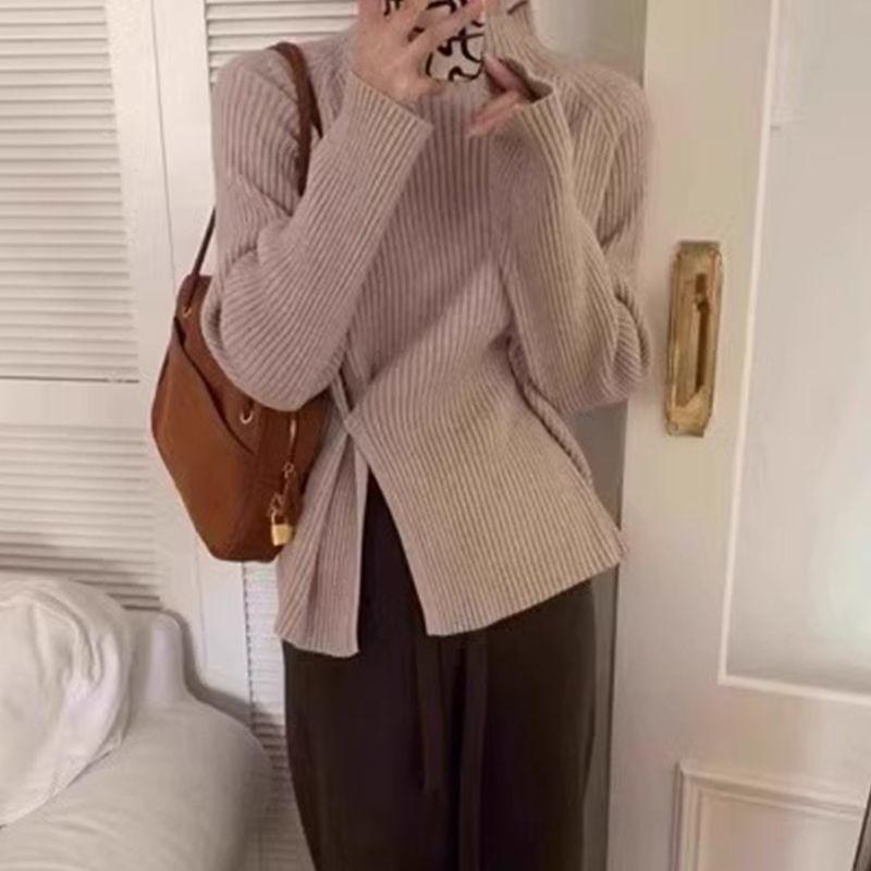 

Spicy Girl Semi-High Neck Long Sleeve Knit Top - Women s Autumn/Winter Design with Irregular Slit XL (116-125 lbs)