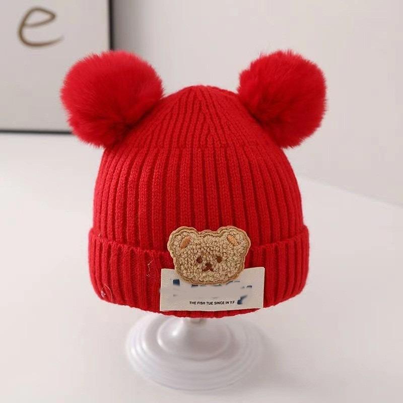 Baby autumn and winter cute cartoon warm hairball wool hat boys and girls baby ear protection hat children pullover knitted hat
