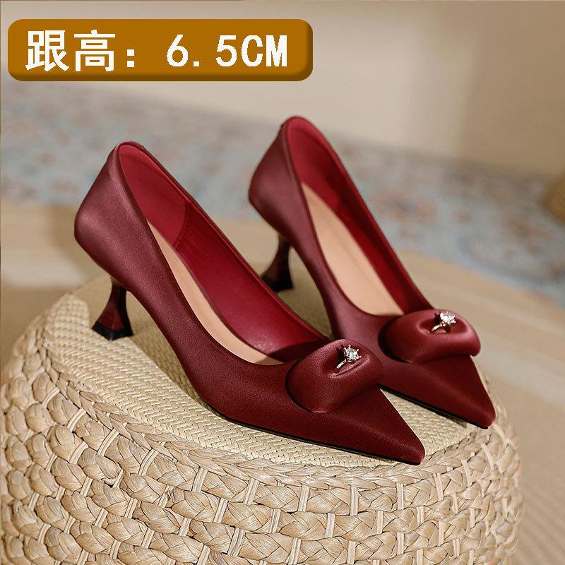 High heels women's thin heels red wedding shoes new small heels soft leather shallow mouth pointed single shoes