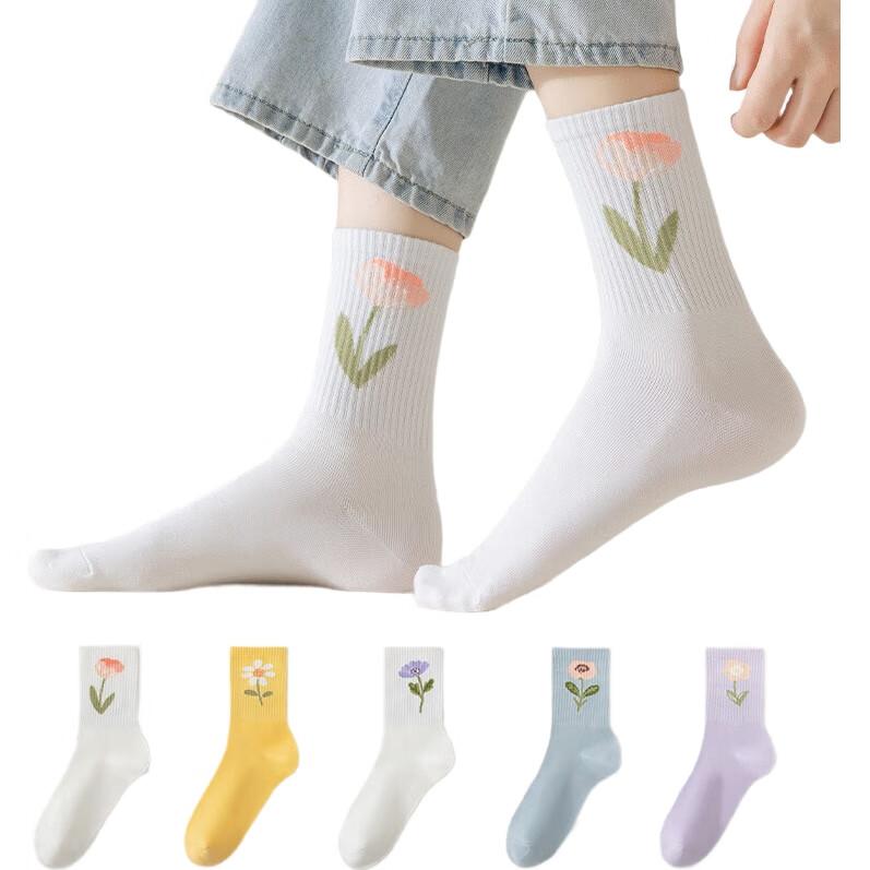 MiiOW 5 Pairs of Women's Socks, Summer Jacquard Mid-Calf Socks, Cotton Socks, Trendy Sweet Fresh Floral Long Socks
