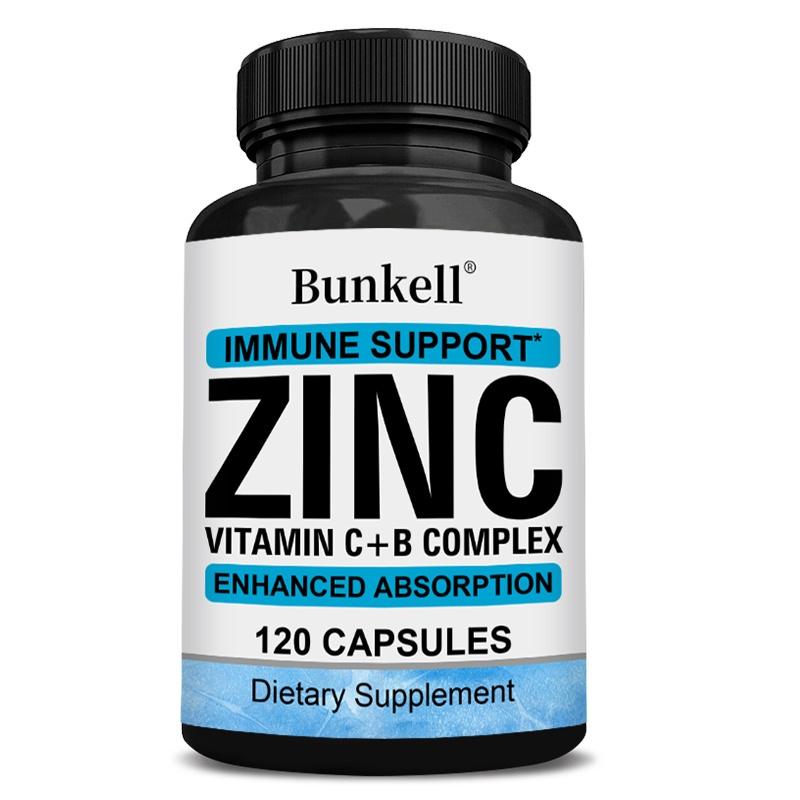 Bunkell Zinc Supplement with Vitamin C, B Complex B2, B6 & Sunflower Lecithin, Enhanced Absorption, 120 Capsules