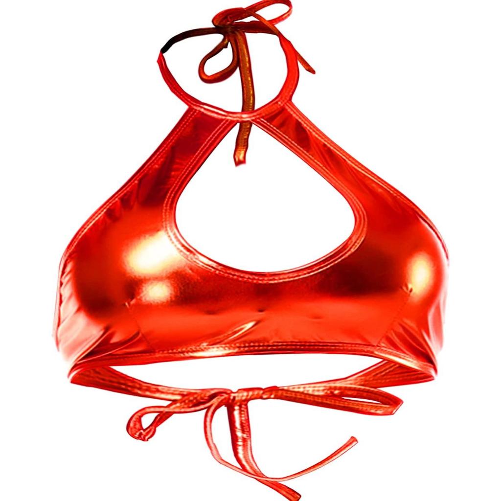 Shiny Metallic Rave Tops for Women Sexy Wet Look Leather Bra Halter Strap Outfit Crop Tops
