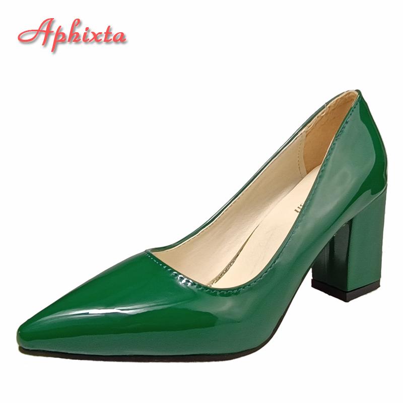 Aphixta New 2.75Inch Square Heel Patent Leather Shoes Women Pumps Dark Green Thick Heels Work Pointed Toe Plus Size 50