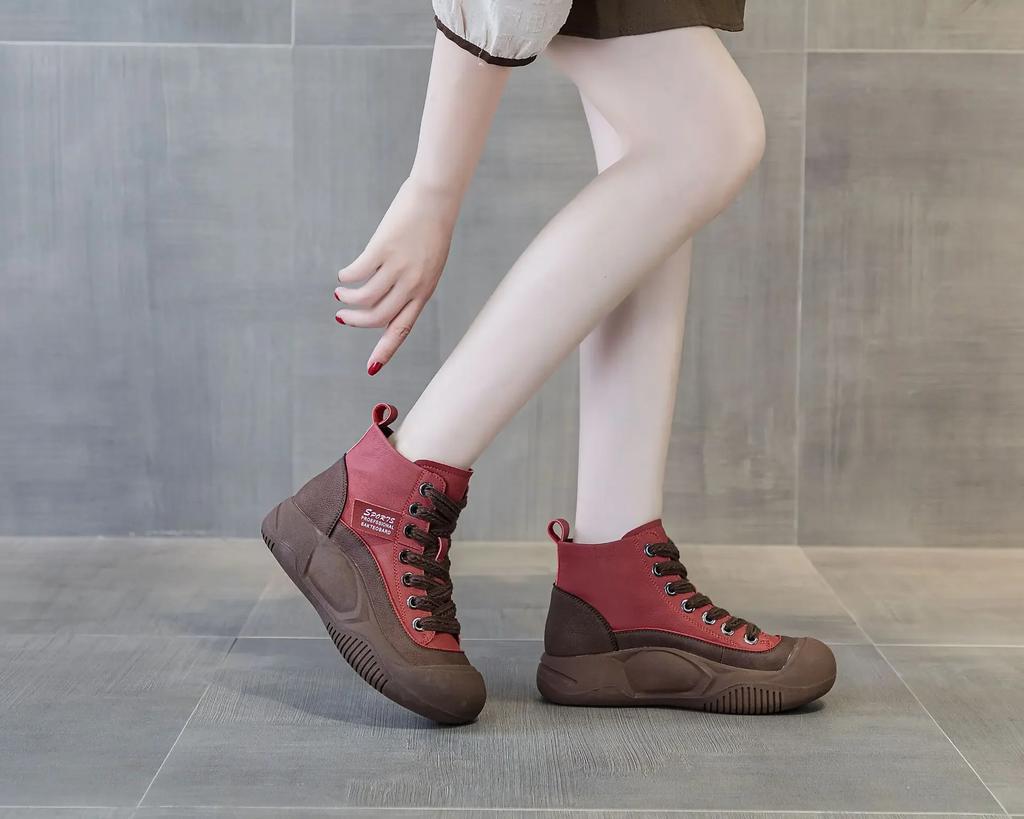 Dámské kotníkové boty Zimní Nové šněrovací Pravá kůže Kulatá špička Ležérní Silná podrážka Protiskluzové Dámské plyšové boty De Mujer