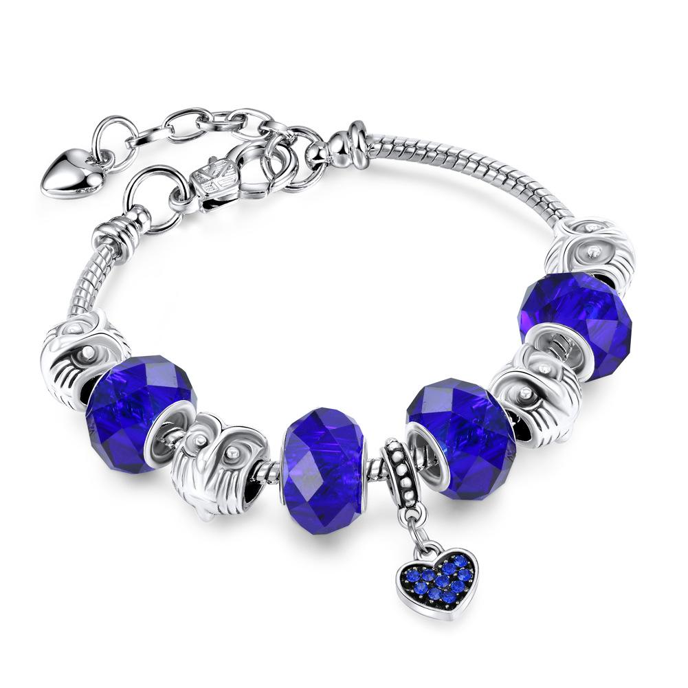 

Silver Plated Charm Bracelet for Women, 18+4cm Adjustable Snake Chain with Pink Crystal Beads, Owl & Heart Charm, Fashion Beaded Bracelet Jewelry Gift синій