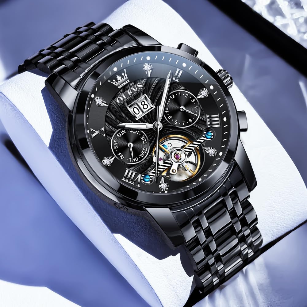 OLEVS Mechanical Automatic Moon Phase Watch Stylish Skeleton Waterproof Popular Luminous Watch for Men