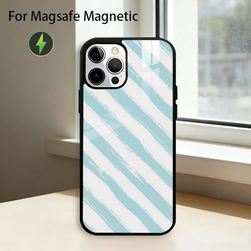L-light blue stripeds Phone Case For iPhone17,16,15,14,13,12,11 Plus,Pro Magnetic with Magsafe Wireless Charging