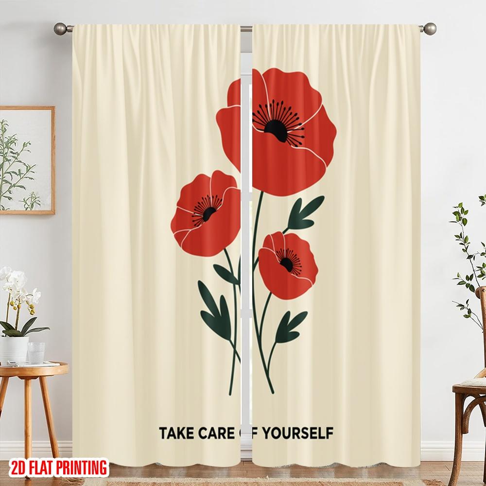 2pcs 2D flat printing Window Curtains Poppy flowers take care yourself 100% Polyester Fabric Without Electricity Festive Wall