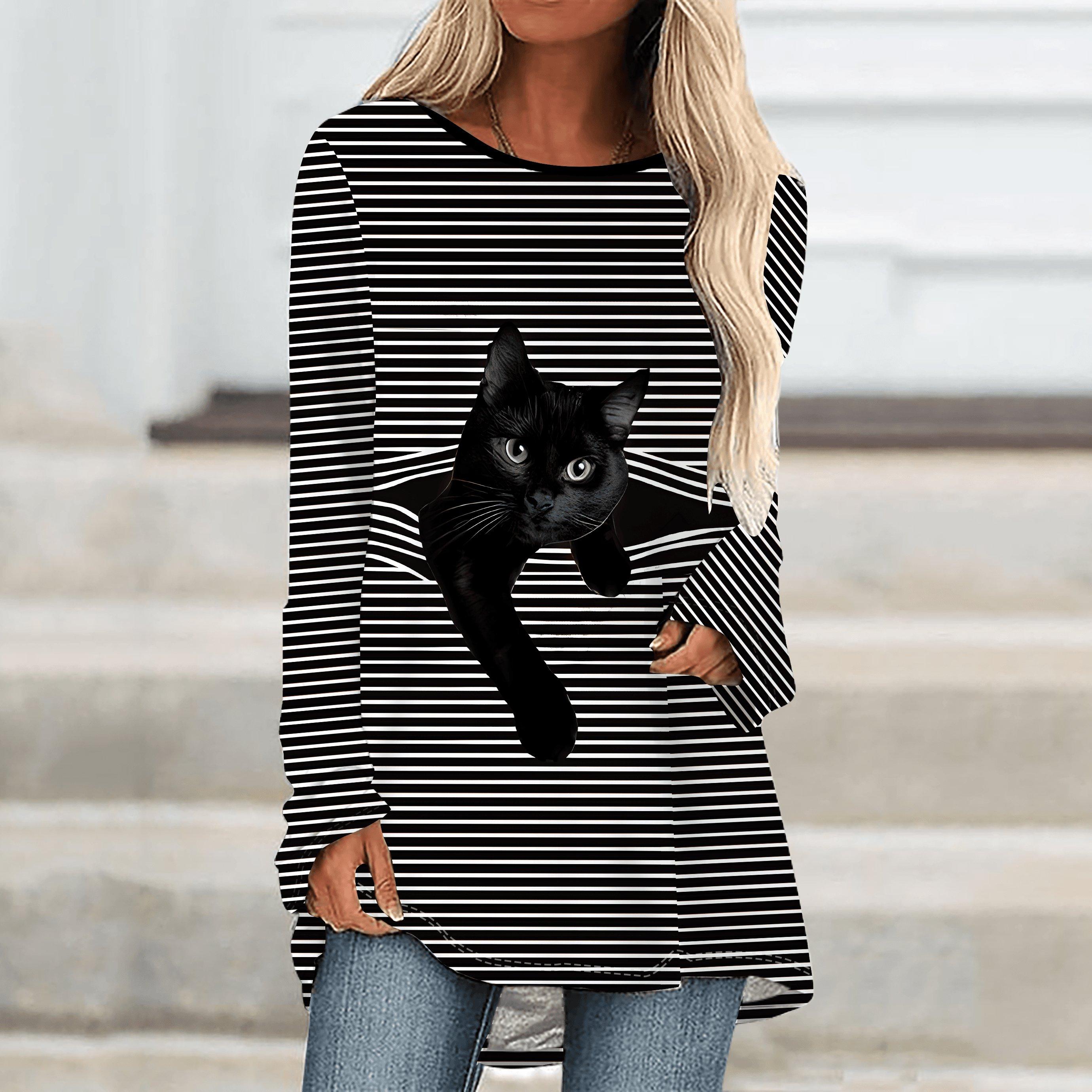 

Женская футболка больших размеров с принтом кошки, удобная, с длинным рукавом, круглым вырезом, повседневная, свободного кроя, средней длины 8XL чёрный