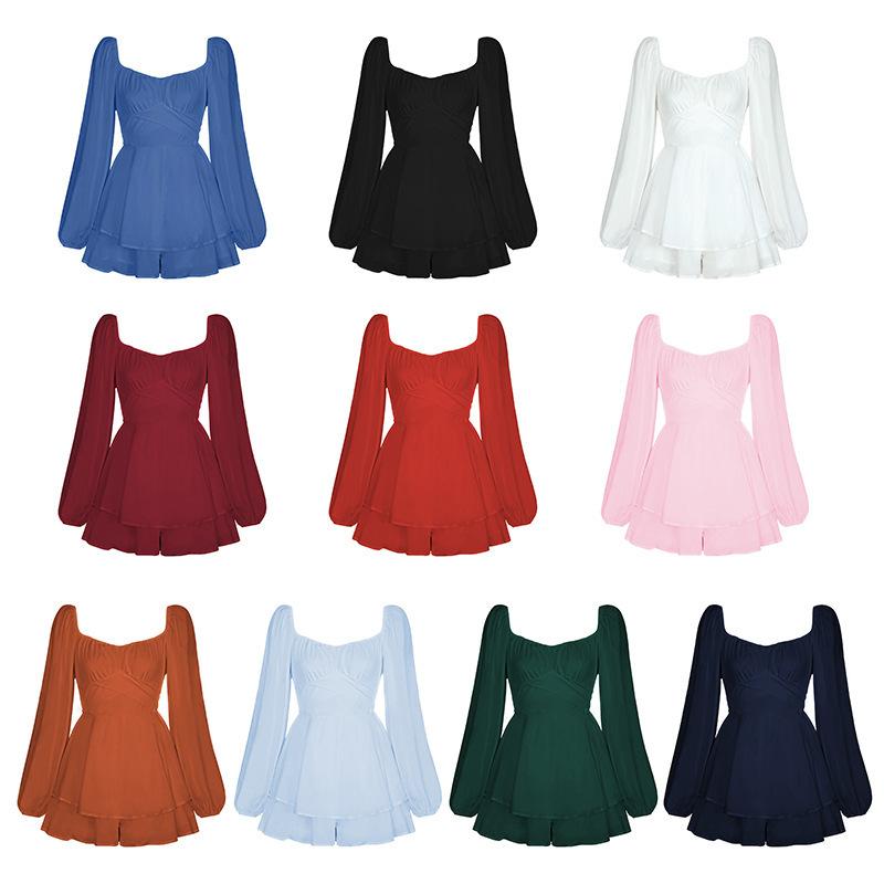 Women's Square Neck Long Sleeve Solid Romper High Waist Ruffled Layered Playsuit