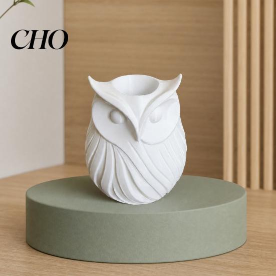 Wavy Pattern Desk Organizer 3D Printed Owl Pen Holder, 2 in 1 Flower Vase Black And White Cup Organizer, Cute Plastic Makeup Brush Home Office