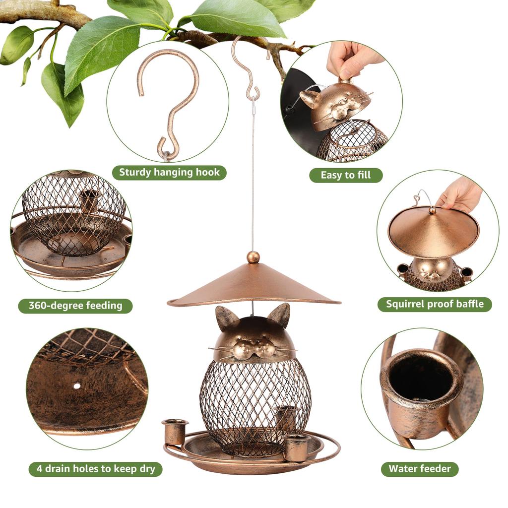 Iron Hanging Bird Feeder Outdoor Heavy Duty Wild Bird Feeder with 3 Cup Large Capacity Squirrel Proof Tray Food Dispenser