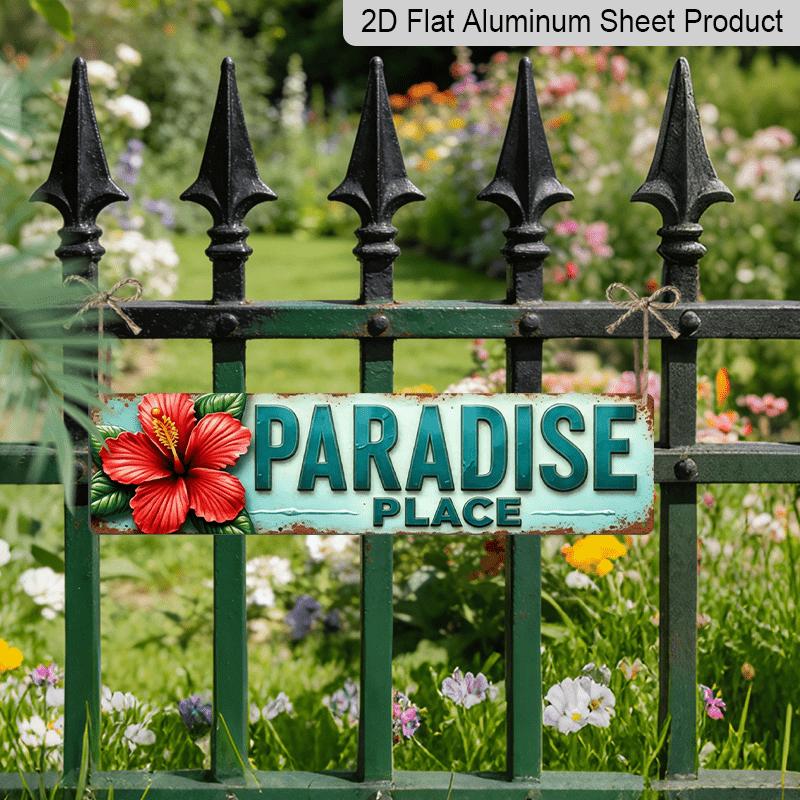 2D Flat Print, Single Piece, Retro Paradise Location Aluminium Decorative Sign with Tropical Hibiscus Flower Wall Decoration, Wall Hanging, Rustic