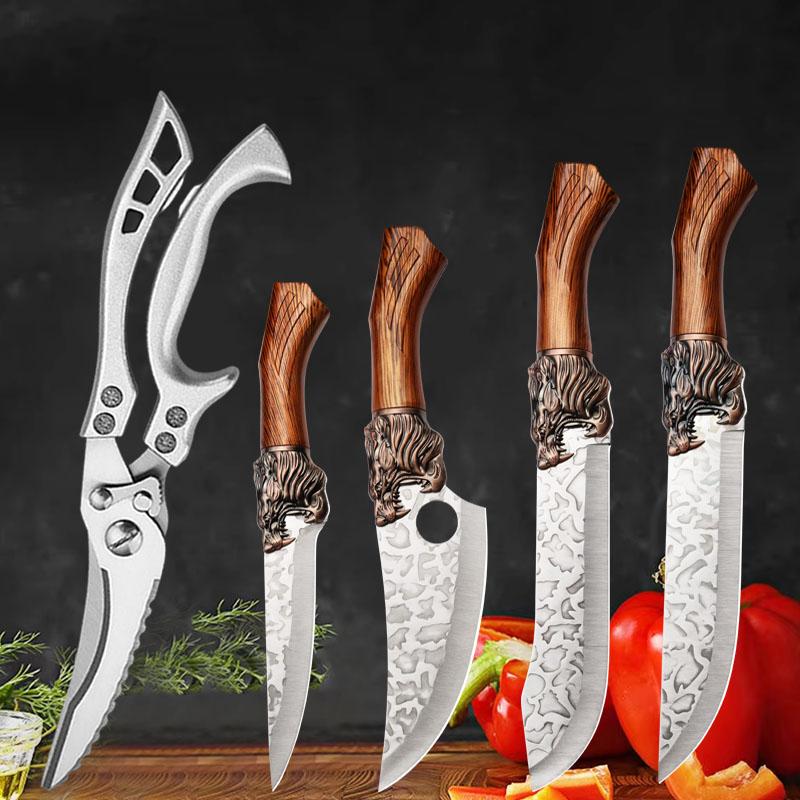 5pcs Hammer Tap Knife Set Household Kitchen Knife Stainless Steel Slicer Boning Knife Sharp Slaughter Knife with Fish Scissors