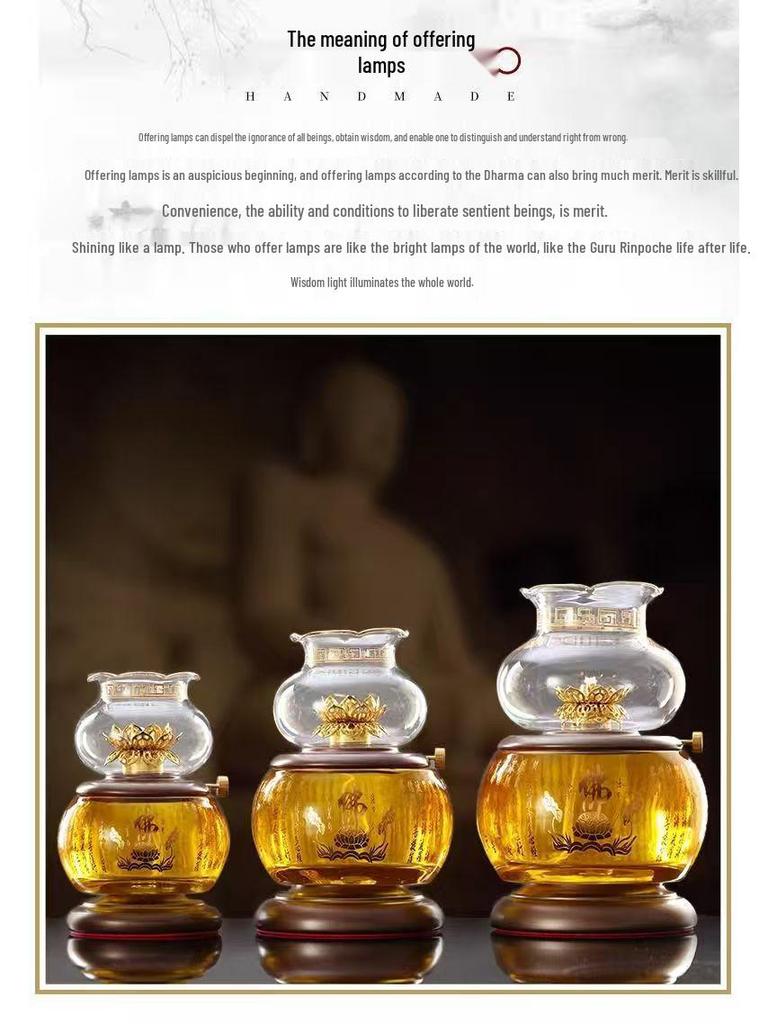 Large Windproof Crystal Oil Lamp Holder for Buddha Offering - Heat-Resistant for Long-Burning Liquid Ghee in Household or Temple.