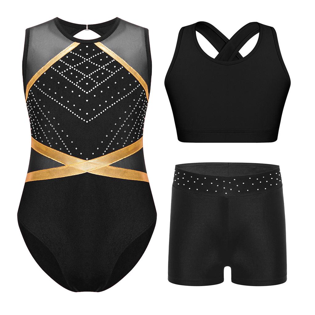 3 stk Jentegymnastikksett - Ermeløs drak med nøkkhullsrygg, kryssvest og rhinestoneshorts for dans/opptreden