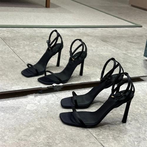 

Fashion Women Square Toe High Heel Sandals Sexy Stiletto Open Back Black Buckle Strappy Summer Shoes Fashionable Slip Resistant 34