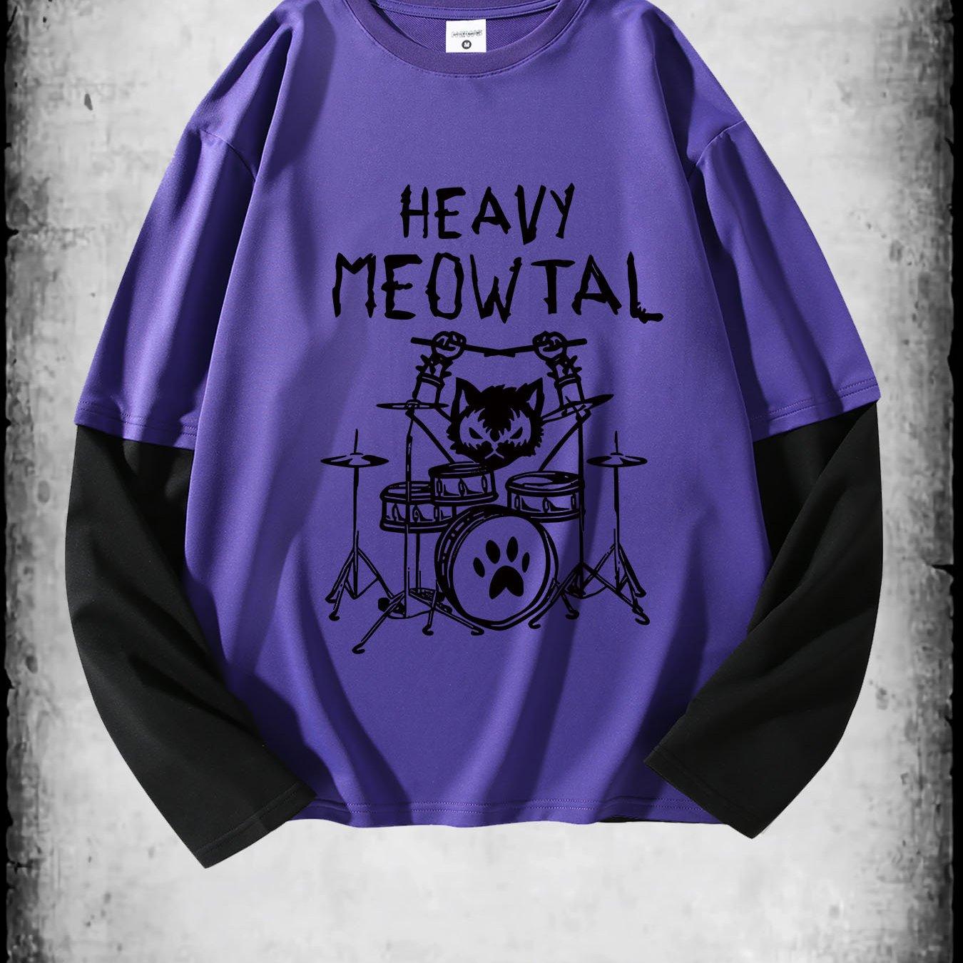 

J077 Drum Set Kitty Print Fashionable Loose Fitting Unisex Fake Two-Piece T-Shirt Design Easy And Generous, Geometric Pattern Design Elements L фиолетовый