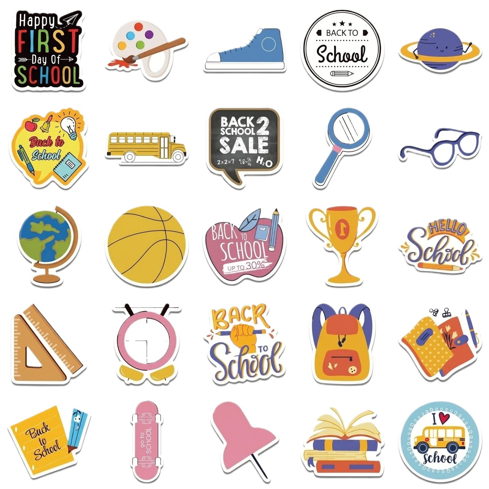 50 Pieces Back to School Stickers DIY Stationery Decoration Waterproof Kids Reward Fun Stickers for Office and School Supplies One Size