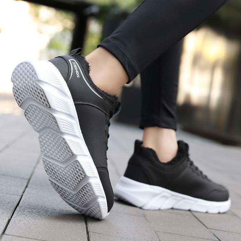 Women Running Shoes PU Leather Lace-up Men Warm Light Walking Sneaker Fitness Sport Flats Comfortable Black Size 35-45 Loafers